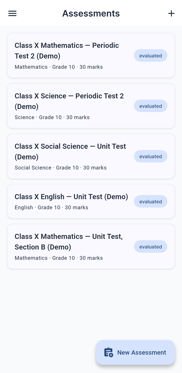 Assessments list showing 5 real CBSE assessments across subjects
