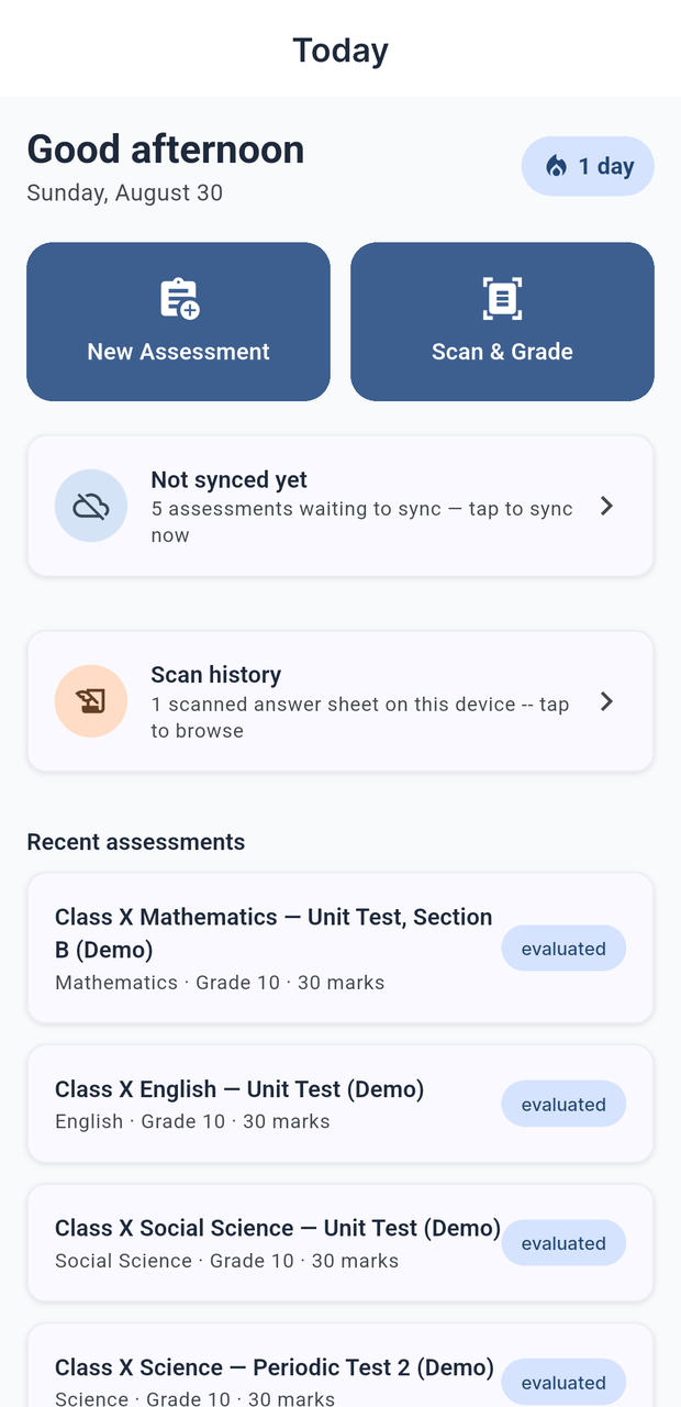 AcademicOS home screen showing New Assessment and Scan & Grade actions, plus recent evaluated assessments