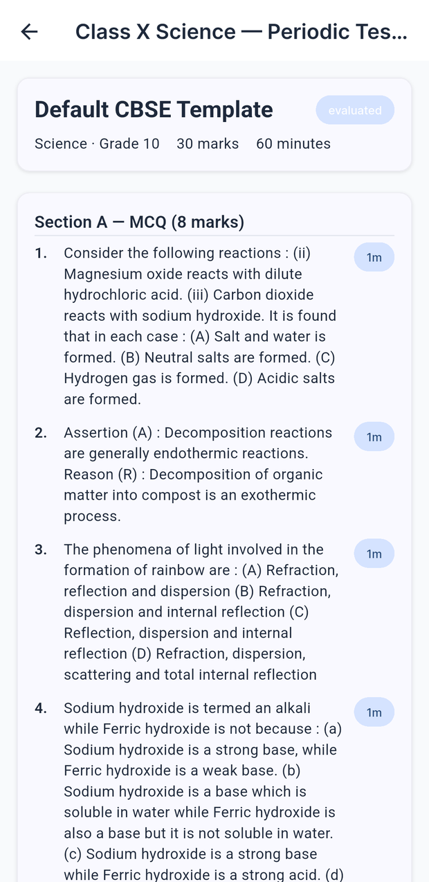 Generated CBSE paper preview with real questions and marks