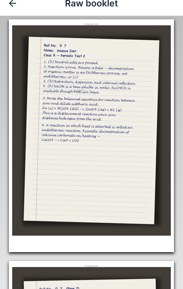 Real photographed handwritten CBSE answer sheet, shown exactly as scanned