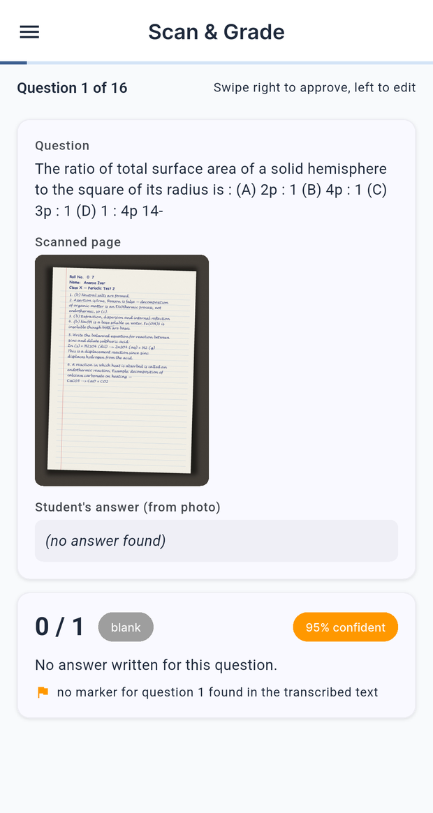 Per-question review screen showing the real scanned answer sheet page directly above the AI's verdict and reasoning