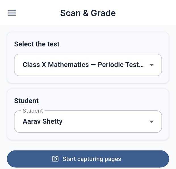 Scan & Grade setup screen, selecting assessment and student