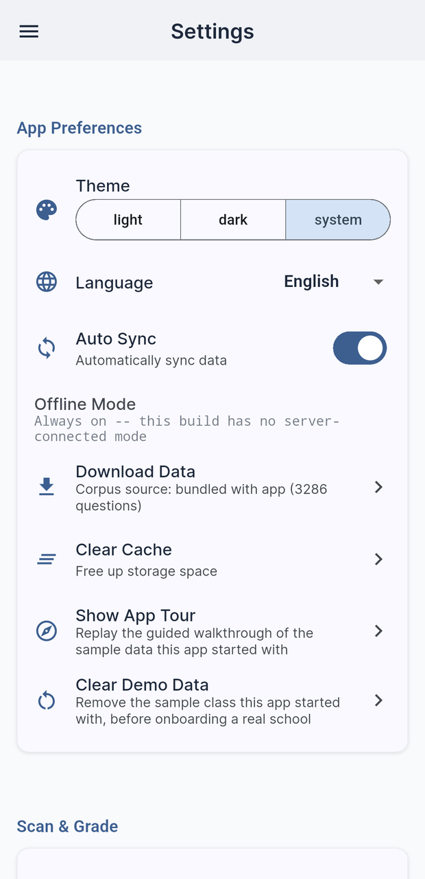 Settings screen with Show App Tour and Clear Demo Data actions